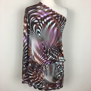 Alexis Multi Color Swirl Print One Shoulder Mini Dress / Tunic Medium